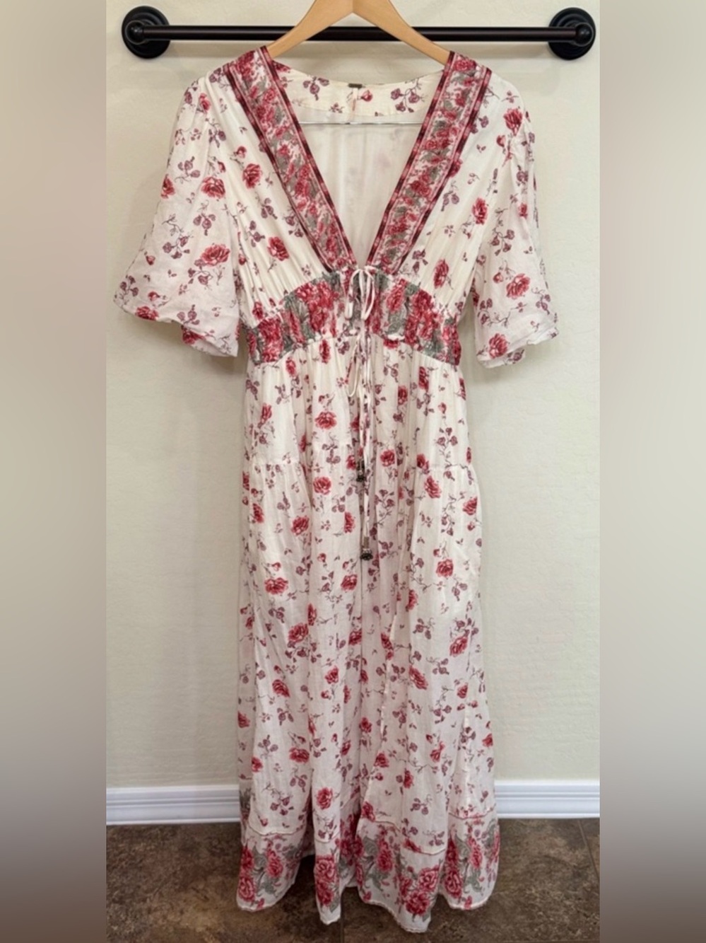 Free People Lysette Floral Maxi Dress Tea Combo Boho Puff Sleeve Pockets Medium